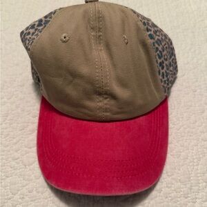 Women’s Tan and Red Cap with Leopard Print